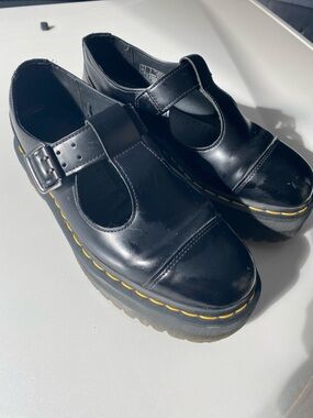 Dr. Martens Black Leather Platform Mary Jane with Yellow Stitching
